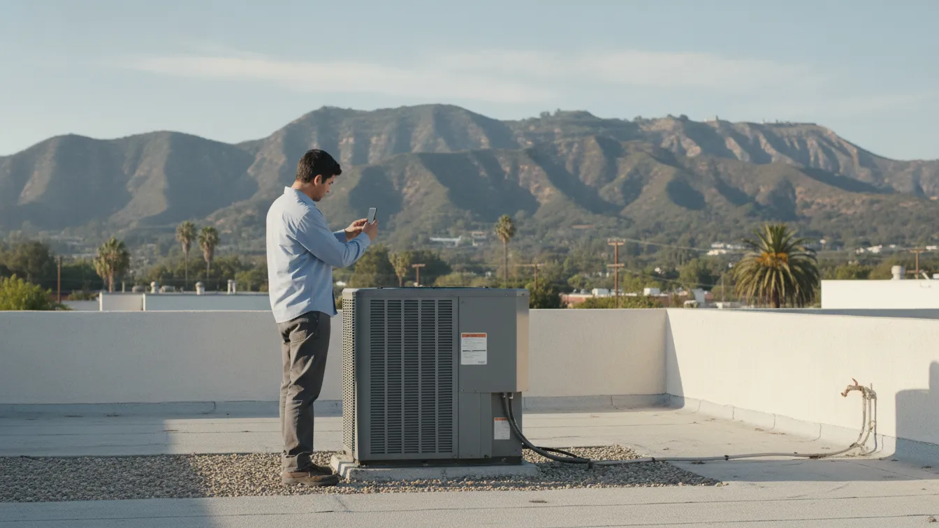 A technician photographing the label on a rooftop air conditioning unit