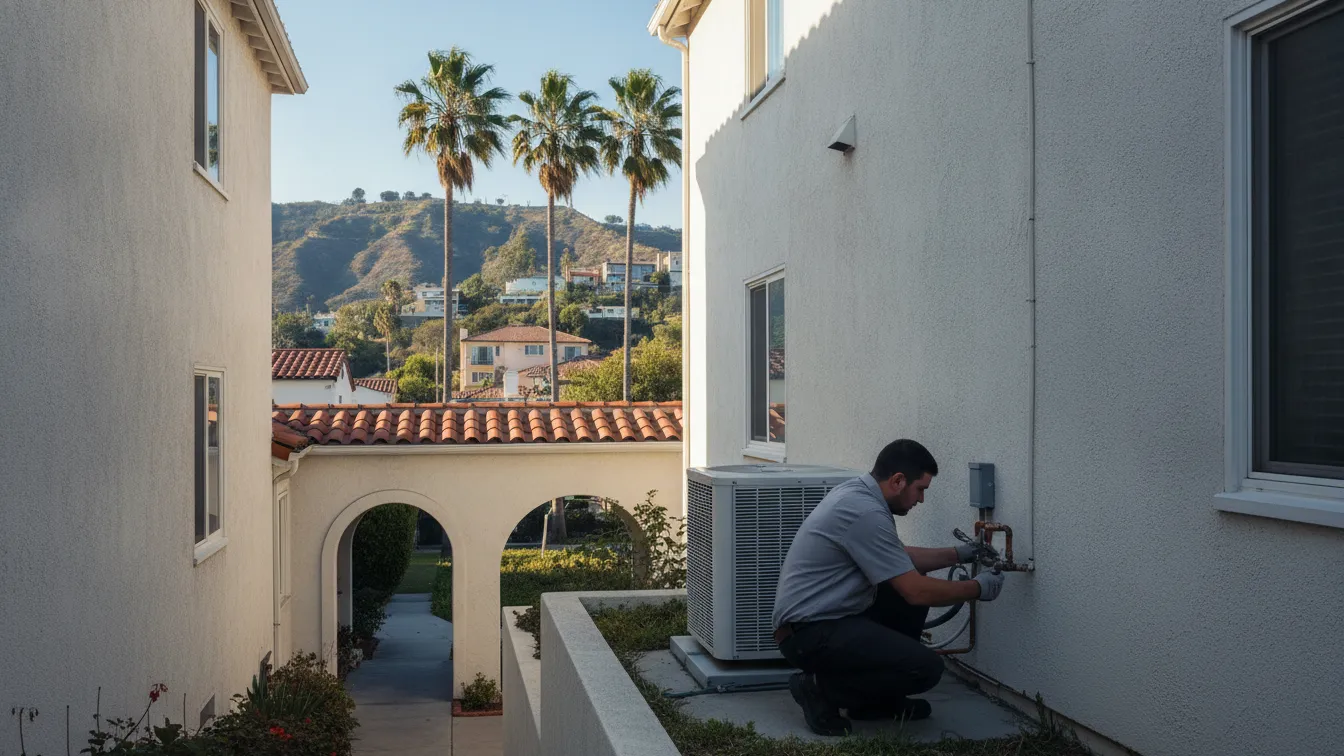 A technician checking an outdoor air conditioning unit beside a Spanish-style apartment building
